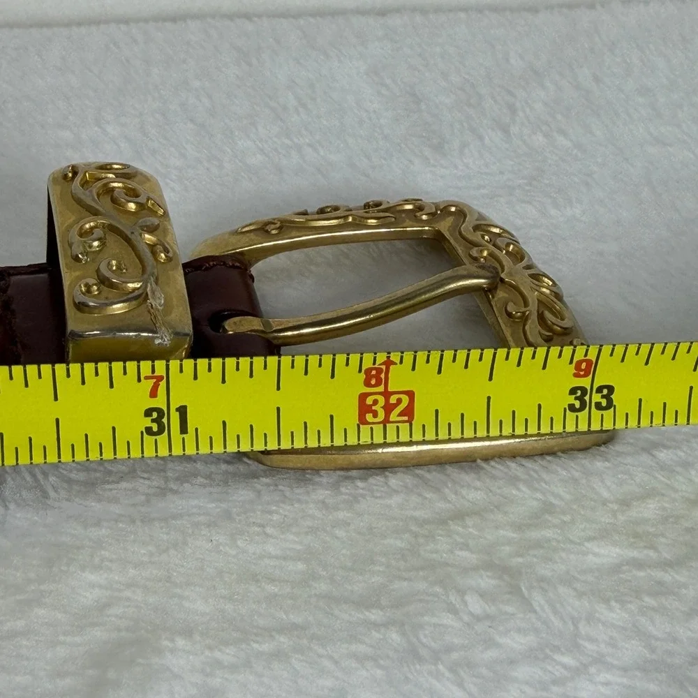 VTG Fossil Womens‎ S Brown Leather Western Concho Belt Gold Tone Filigree Buckle